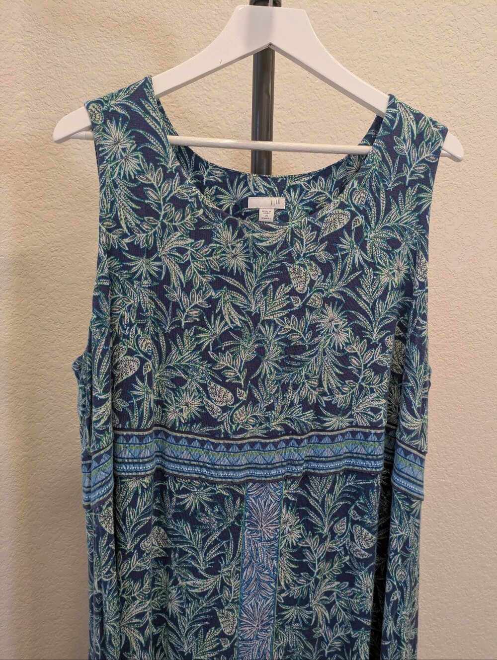 J. Jill Maxi Dress 2X Blue Tropical Foliage Print Sleeveless Border Panel Slit - Picture 3 of 9